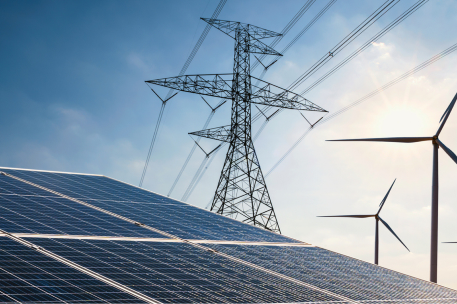 Solar panels, wind turbines, and power lines.