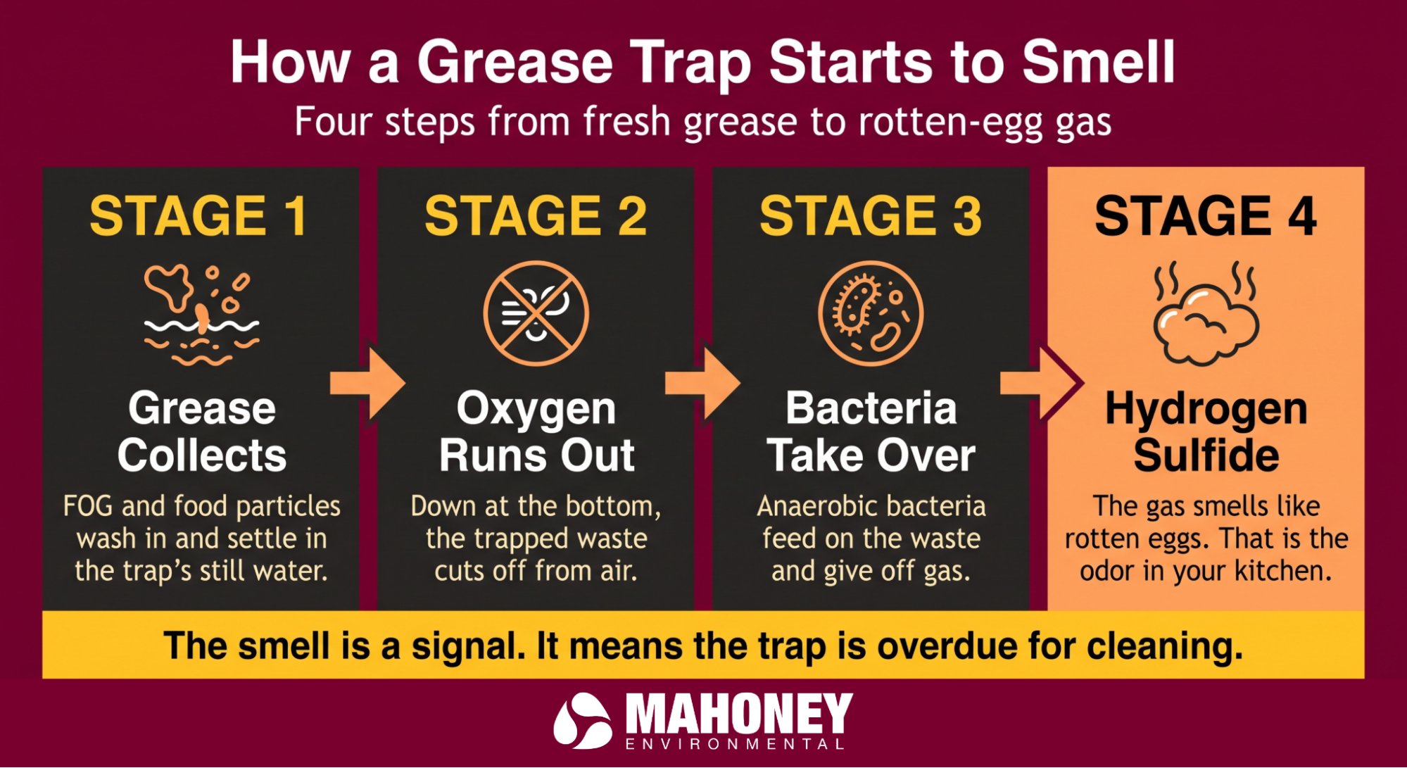Infographic showing four stages of how a grease trap develops odors, from grease buildup and oxygen loss to bacterial growth and hydrogen sulfide gas production.